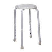 Round adjustable shower stool with plastic seat, aluminium frame, and four rubber feet, shown from the front.