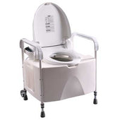 White portable commode with armrests, raised seat and lid, suitable for mobility aid use, shown from the front.
