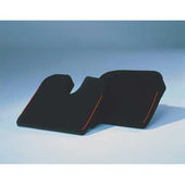 Pair of black Harley Designer Wedge cushions with red trim for spine support on a light blue surface, top view.