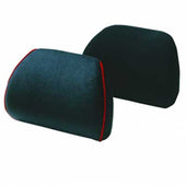 Pair of black Harley low back supports with red piping, side by side on white background, front view.