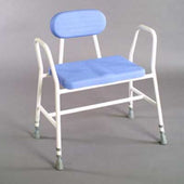 Blue anti-bacterial PU seat perching stool with white frame and rubber-tipped legs for bariatric use, front view.