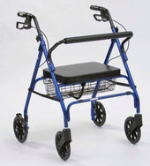 Blue heavy duty rollator with four wheels, padded seat, wire basket and hand brakes, for larger users, side view.