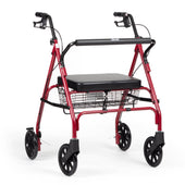 Blue heavy duty rollator with four wheels, black handles, seat and basket, designed for larger users, front angle view.
