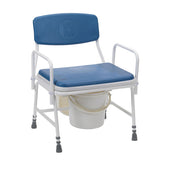 Blue and white bariatric commode chair with armrests and removable bucket under seat, front view.