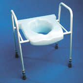 Drive bariatric toilet aid with support handles and metal legs, raised seat for heavier users, blue background, front view.