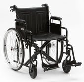 Black heavy duty self propel wheelchair with armrests, footrests and large rear wheels, side view.