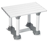 White slatted bath seat with five legs, grey supports and suction feet for stability, quick-drain design, angled front view.