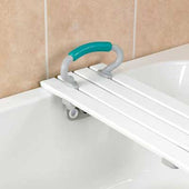 Savanah slatted bath board with handle for support on bathtub edge, shown in side view.