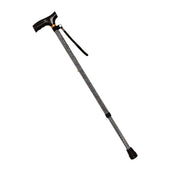 Black etched folding walking stick with matching handle, wrist strap, and rubber tip on white background, front view.