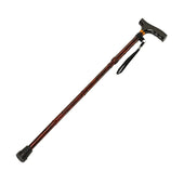 Etched black folding walking stick with ergonomic handle, rubber tip, and wrist strap, adjustable height, side view.