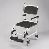 Shower commode chair with armrests, footrests, casters and removable bucket for toilet use, front angle.
