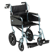 Purple foldable lightweight wheelchair with black seat, armrests, footrests and large rear wheels, side view.