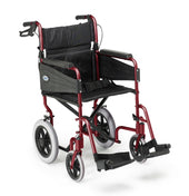 Ruby Red Days Escape Lite wheelchair with black seat, armrests, footrests and large rear wheels, side view.