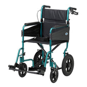 Purple lightweight foldable wheelchair with large rear wheels, black seat, armrests and push handles, side view.