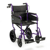 Purple Days Escape Lite wheelchair, lightweight and foldable with footrests and large rear wheels, side view.