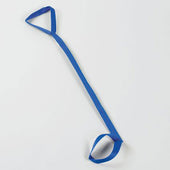 Blue leg lifter with two loops and a stiff strap for lifting legs, shown laid out flat, top view.