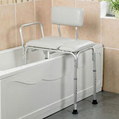 Transfer bath bench with backrest and adjustable legs, designed to sit over a bathtub edge, side view.