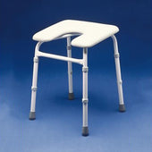 White Homecraft Chester Shower Stool with four adjustable legs and a U-shaped seat on a blue background, front view.