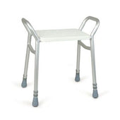 Adjustable shower stool with white seat, metal frame, and rubber-tipped legs, lightweight build, front angle.