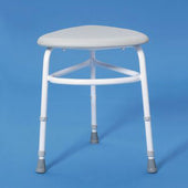 White three-legged shower stool with triangular padded grey seat, shown from front angle.