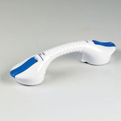 White and blue Homecraft EasyBar suction grab rail for non-porous surfaces on a light grey background, front view.