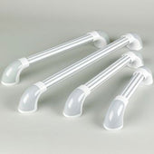 Three white and grey Homecraft GripSure grab rails in three lengths shown side by side on a light grey surface, top view.