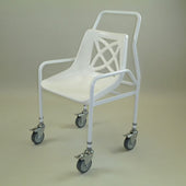 White shower chair with metal frame and four caster wheels, mobile design, front angle view.