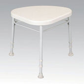 White plastic and metal corner shower stool with three adjustable legs, suitable for bathroom use, front angle view.