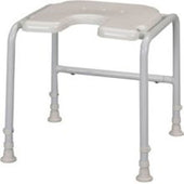White aluminium shower stool with U-shaped cut-out, designed for bathroom use, front angle view.