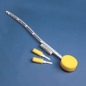 Homecraft Foot Brush and Sponge with long handle, white brush, yellow sponge head, and three attachments on blue background, top view.