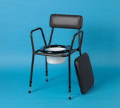 Height adjustable commode with padded armrests, backrest, removable seat and white container on a blue background, front view.