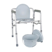Lightweight aluminium folding commode with armrests and removable bucket, front view.