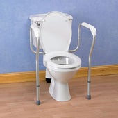 Toilet safety frame with handgrips and support rails on both sides, shown in place around a toilet, front view.