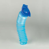 Blue flexible portable urinal with spill-proof design, standing upright on a plain light grey background, front view.
