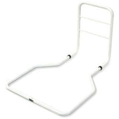 Slatted bed grab rail with vertical handle and sturdy base for support, shown attached to a bed, side view.