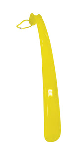 Yellow curved plastic shoehorn with a long handle and a hanging loop at the top, side view.