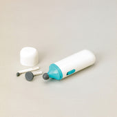 White and teal electric nail file with cap and two heads, compact design, front view.