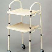 Beige two-tier folding trolley with adjustable handles and wheels, shown from the side.