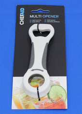 Homecraft Multi Opener with white and grey non-slip handle, on black card backing with drink images at the bottom, front view.