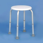 Adjustable height shower stool with round plastic seat, aluminium legs and rubber tips on blue background, side view.