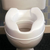 White raised toilet seat without lid, contoured surface and side cutouts, fits standard toilets, front angle view.