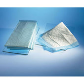 Homecraft Disposable Bed Protectors stacked, with one open to show waterproof backing, on a blue surface, top view.