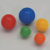 Set of Homecraft massage balls in blue, red, yellow, green and orange on a grey background, front view.