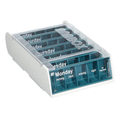 White weekly pill organiser with labelled compartments, front view.