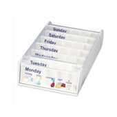 White weekly pill organiser with labelled sections for morning, noon, evening, night and as required, front view.