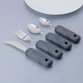 Set of 4 bendable utensils with thick grey ribbed handles—knife, fork, spoon, and teaspoon, front view.