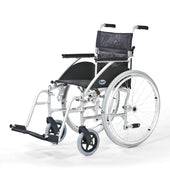 Days Swift Wheelchair with black seat, backrest, footrests and large rear wheels on a white background, front angle.