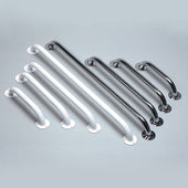 Six chrome Ringwood rails, three white and three silver, grouped by size on a light grey background, top view.
