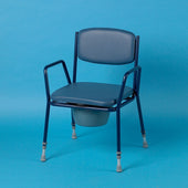 Blue padded commode chair with armrests and removable bucket on plain blue background, front view.