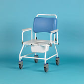 Bariatric commode and shower chair with armrests and brake castors, light blue background, front view.